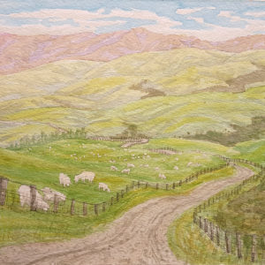 Sheep on the Hillside, New Zealand; 2015, 6x8 inches, watercolor on paper