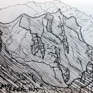 View From Highland Creek Hut, 2015, 4x6 inches, pen on paper