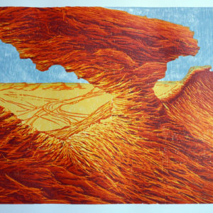 Hole in the Rock, Zekreet Qatar: 2020, 12 x 20 inches, Reduction Woodcut, edition of 8